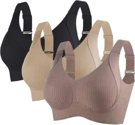 3 Pack Women's Ribbed Push Up Adjustable Wireless Bra Seamless Full Support Sports Bras Cozy Breathable Bralettes