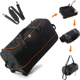 32" 110L Expandable 140L Soft-Sided Rolling Duffle Bag, Foldable Extra Large Sport Bag with 2-Inline Wheels, Black-Orange