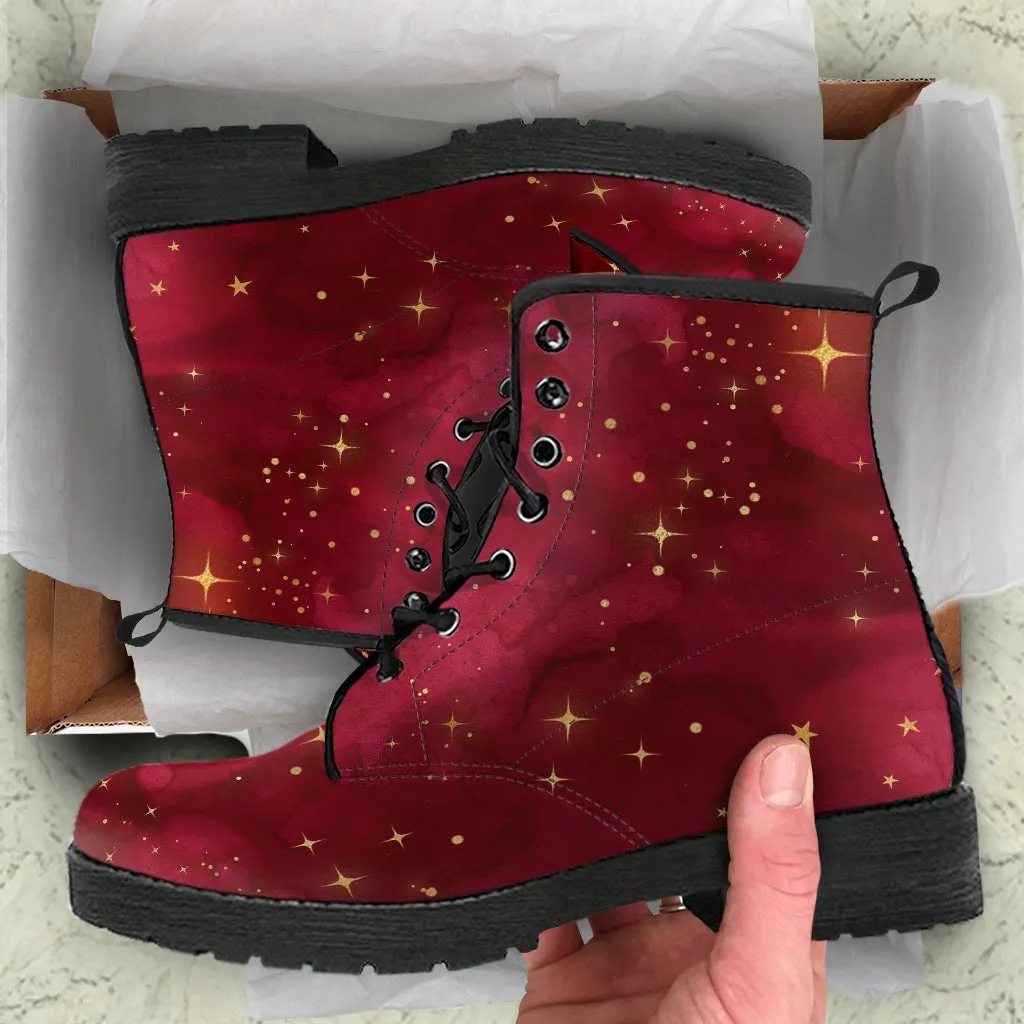 Combat Boots-Rugged Look Distressed Red Galaxy 102, Custom Shoes, Hippie Boots, Lace Up Boots, 90s Boots, Red Boots, Red Shoes