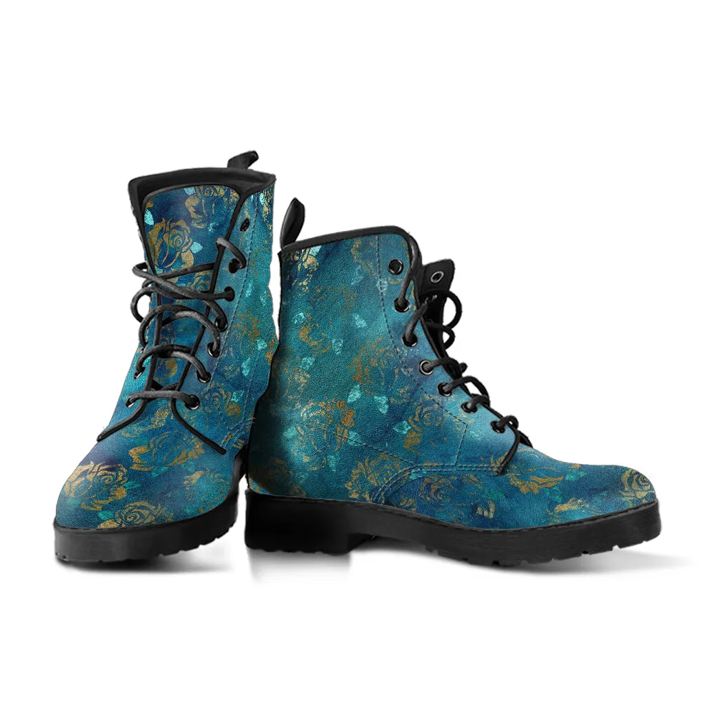 Combat Boots - Rugged Look Green Boots with Roses | Custom Shoes, Vegan Shoes, 90s Boots, 2000s Boots, Hippie Boots, Women's Boots
