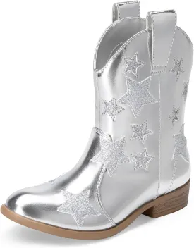 DREAM PAIRS Girls Cowgirl Boots Mid Calf Glitter Cowboy Western Boots Toddler Girls Star Riding Shoes