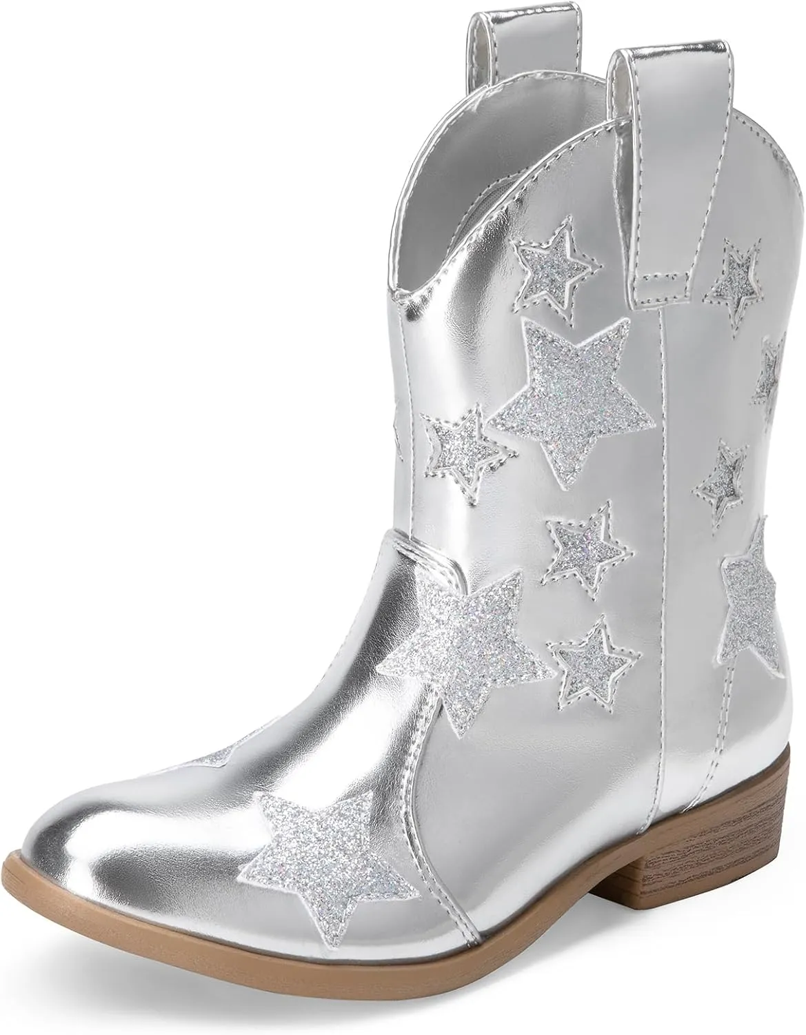 DREAM PAIRS Girls Cowgirl Boots Mid Calf Glitter Cowboy Western Boots Toddler Girls Star Riding Shoes