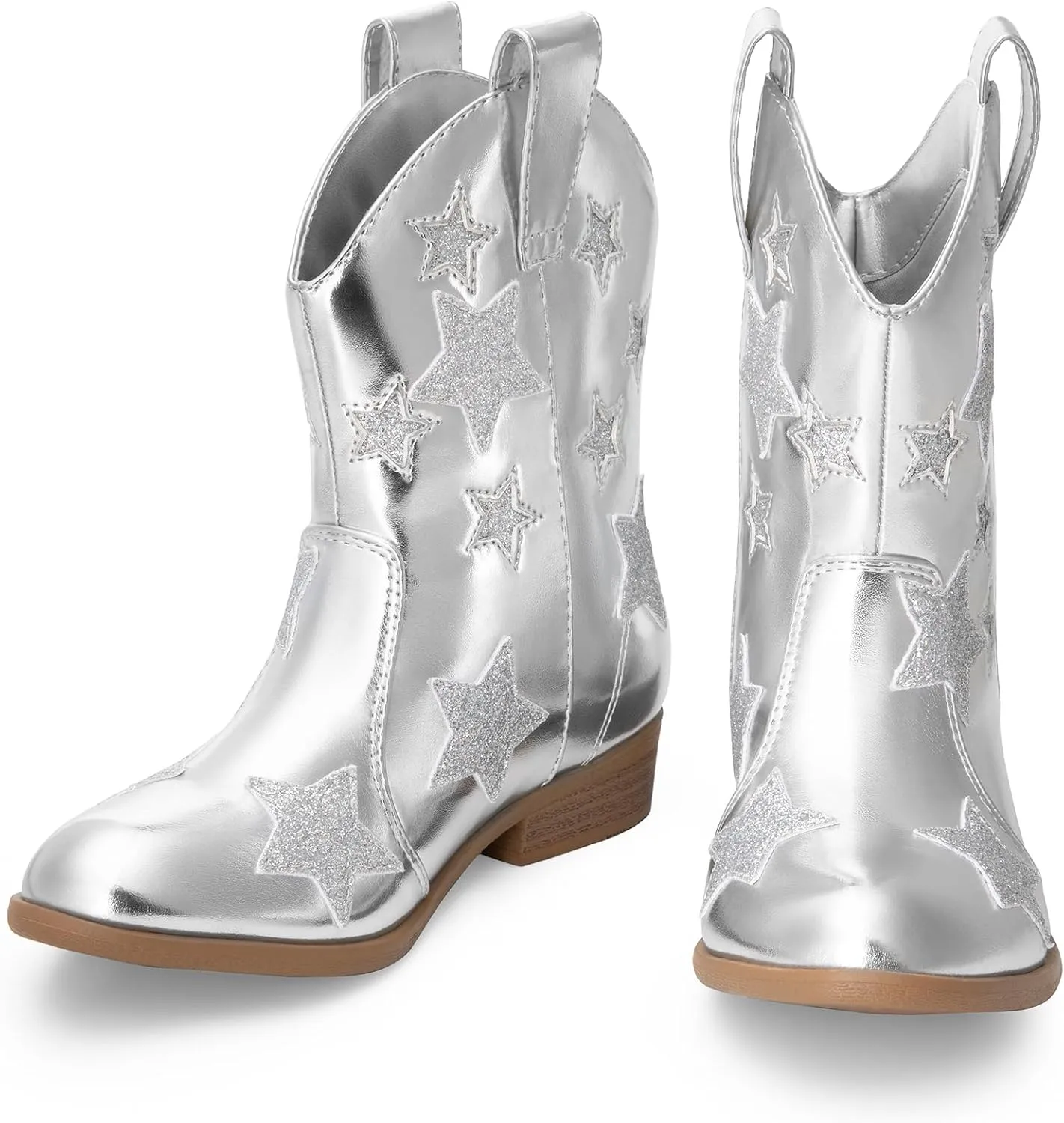 DREAM PAIRS Girls Cowgirl Boots Mid Calf Glitter Cowboy Western Boots Toddler Girls Star Riding Shoes