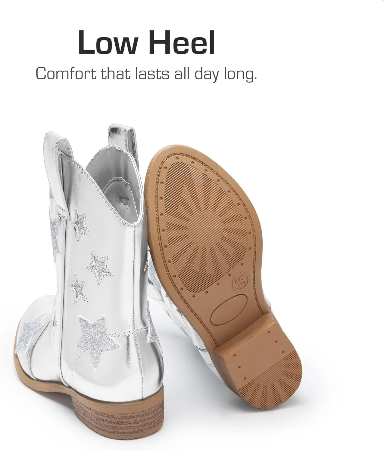 DREAM PAIRS Girls Cowgirl Boots Mid Calf Glitter Cowboy Western Boots Toddler Girls Star Riding Shoes