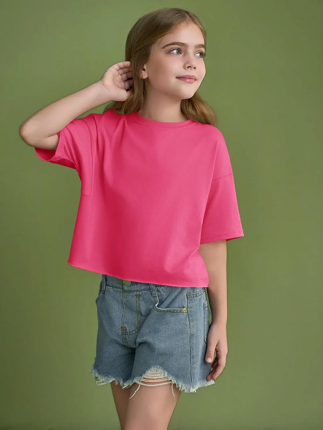 Girls Athletic Oversized Crop Tops Kids Drop Shoulder Short Sleeve T Shirts Workout Tees 5-14 Years