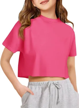 Girls Athletic Oversized Crop Tops Kids Drop Shoulder Short Sleeve T Shirts Workout Tees 5-14 Years