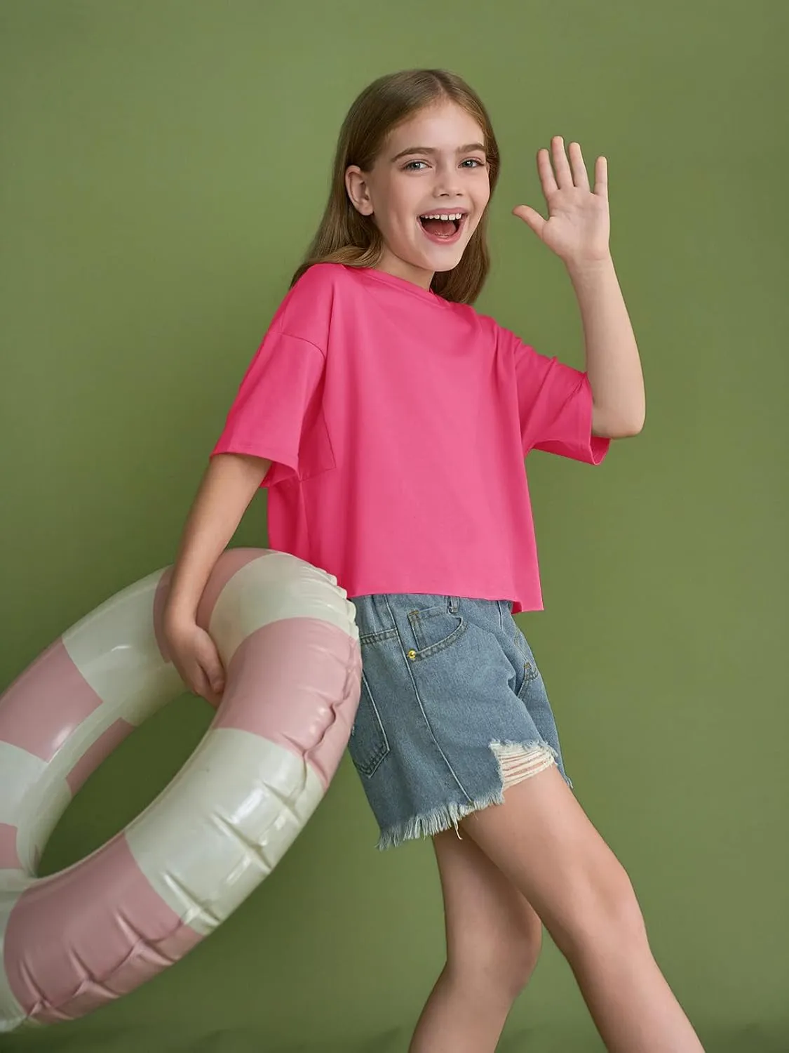 Girls Athletic Oversized Crop Tops Kids Drop Shoulder Short Sleeve T Shirts Workout Tees 5-14 Years