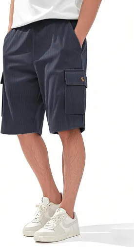 Mens Cargo Shorts Casual Drawstring Elastic Waist Corduroy Summer Beach Shorts with Pockets