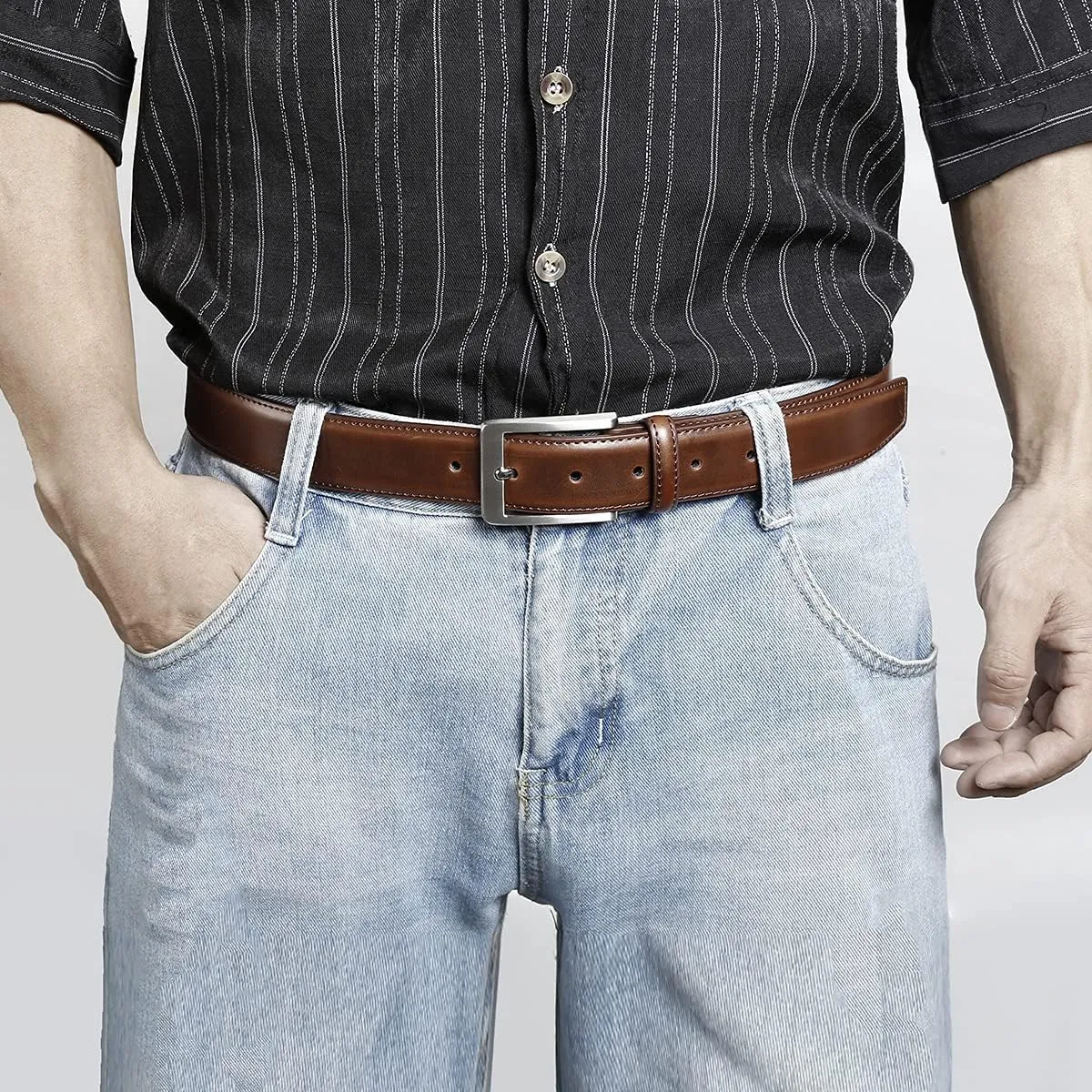 Men's Casual Leather Jeans Belts Classic Work Business Dress Belt with Prong Buckle for Men