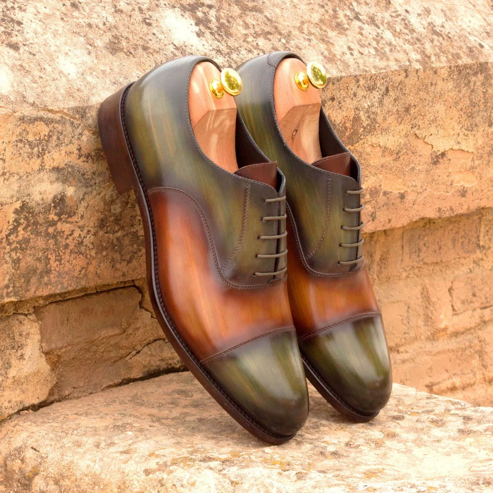 Men's Oxford Shoes Patina Leather Wide Plus Size Brown Green 2765