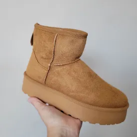 Platform Heel Ankle Faux Fur Faux Suede Vegan Boots Chestnut