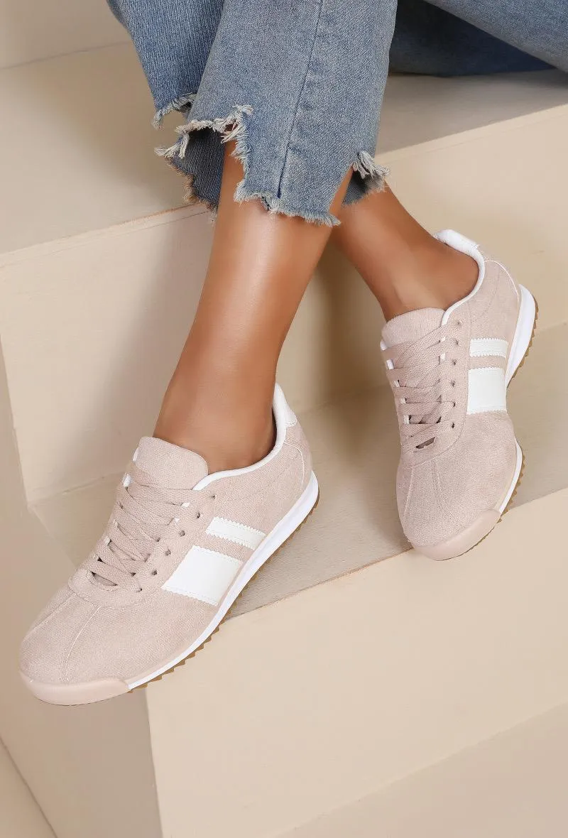 ROUND TOE SIDE LINE STRIPPED DETAILED GUM SOLE TRAINERS IN BEIGE
