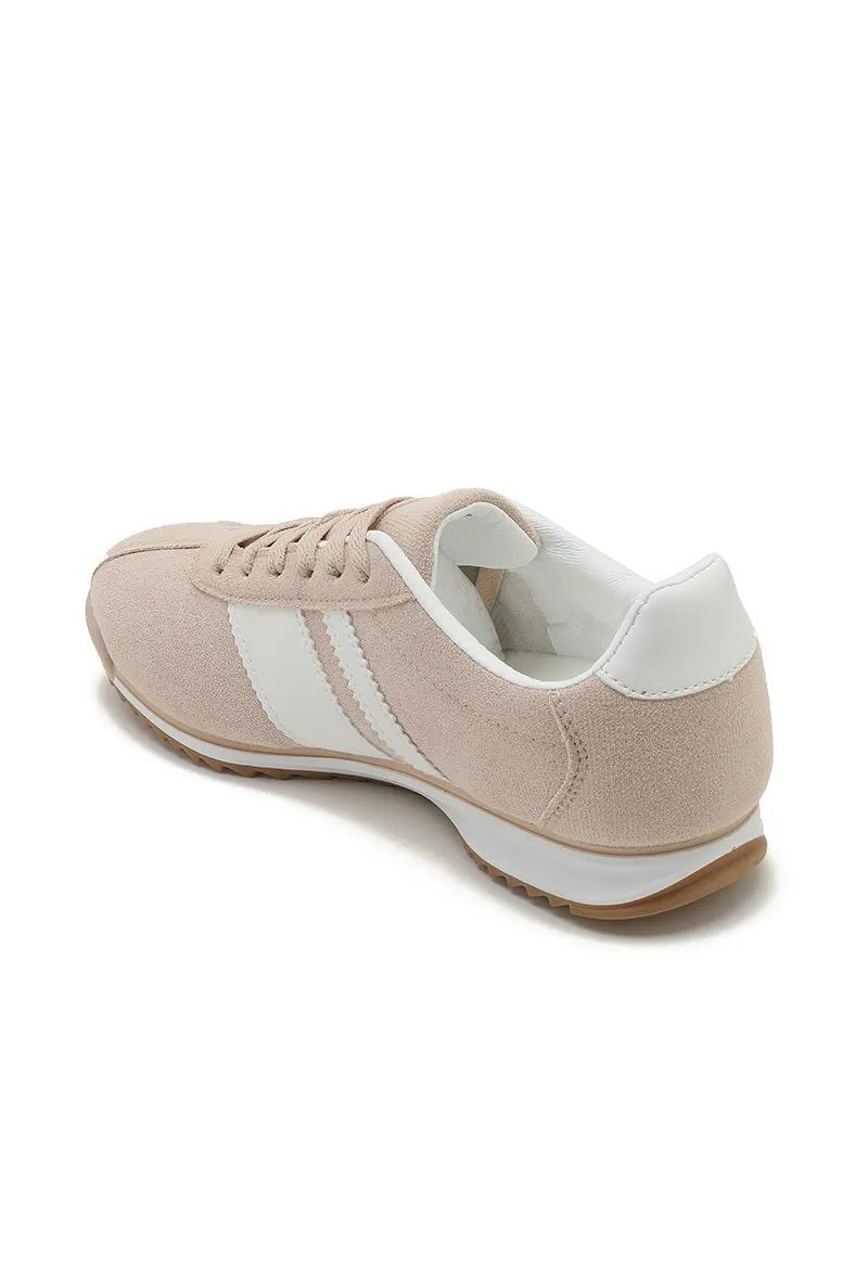 ROUND TOE SIDE LINE STRIPPED DETAILED GUM SOLE TRAINERS IN BEIGE